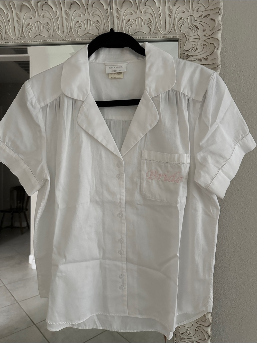 Boll & Branch White 'Bride' Short Sleeve Button Down Top